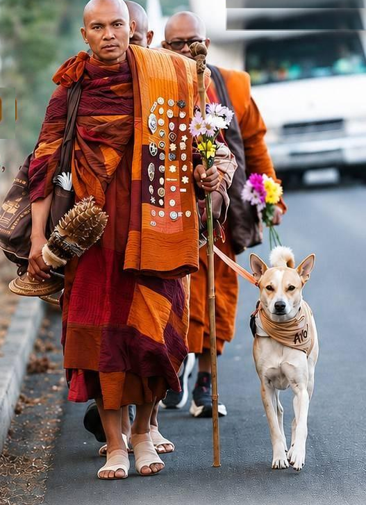 Bhikkhu Pannakara and the delegation walking with flowers and alms bowls